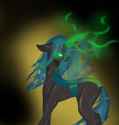 2816397__safe_artist-colon-peachyminnie_queen+chrysalis_changeling_changeling+queen_abstract+background_female_glowing_glowing+horn_green+eyes_horn_looking+back.png