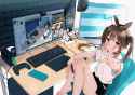 Konachan.com - 307936 barefoot blush brown_hair choker computer game_console headphones phone sabami sabamizo_channel short_hair signed twintails yellow_eyes.jpg