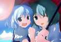 Konachan.com - 58585 blue_hair blush cirno green_hair short_hair tatara_kogasa touhou umbrella.jpg