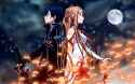 Konachan.com - 149570 black_eyes black_hair brown_eyes brown_hair fire kirigaya_kazuto long_hair moon night short_hair sword sword_art_online weapon yuuki_asuna.jpg