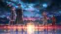 Konachan.com - 205563 animal black_hair blue_eyes brown_hair cape clouds fairy group leafa lisbeth long_hair male pina ponytail red_hair sky sunset sword water weapon wings.jpg